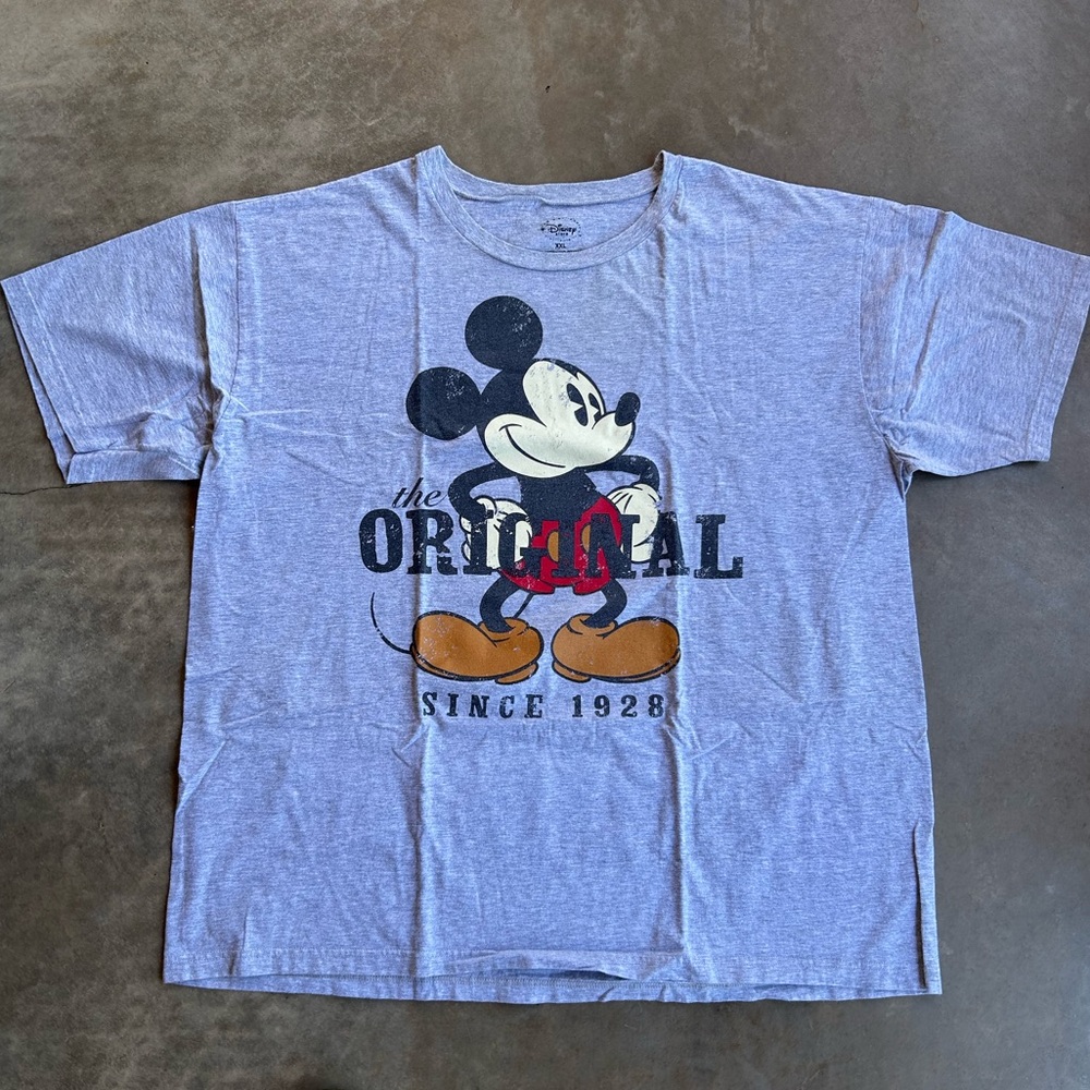 Disney Gray Mickey Mouse Graphic Tee with Red and Yellow Accents